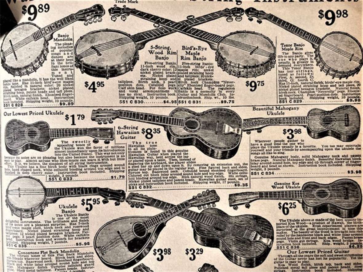  Mail order instruments like the ones in these 1922 Montgomery Ward catalog illustrations were relatively inexpensive. Even in Wyoming, rural route deliveries brought them to customers scattered throughout the state. Catalogs also offered popular 78 rpm records of Hawaiian music. Author’s collection.