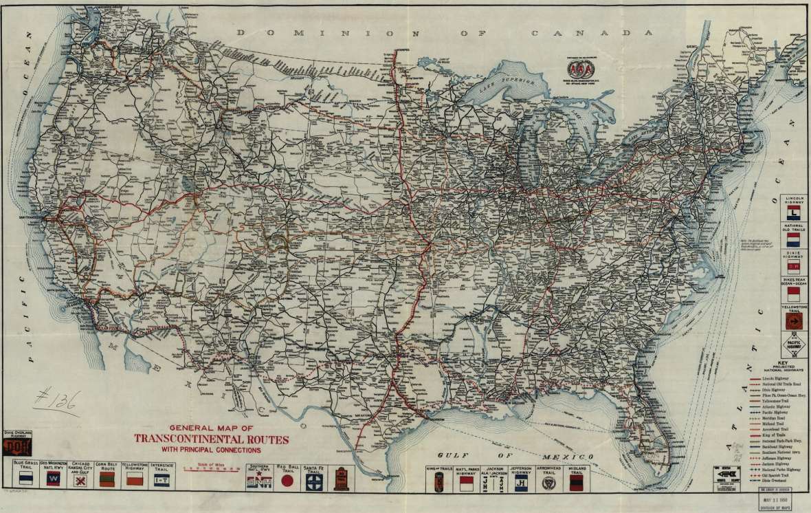 By 1918, an American Automobile Association map of transcontinental routes sported logos for two dozen named higways. Library of Congress. Click to enlarge By 1918, an American Automobile Association map of transcontinental routes sported logos for two dozen named higways. Library of Congress. Click to enlarge