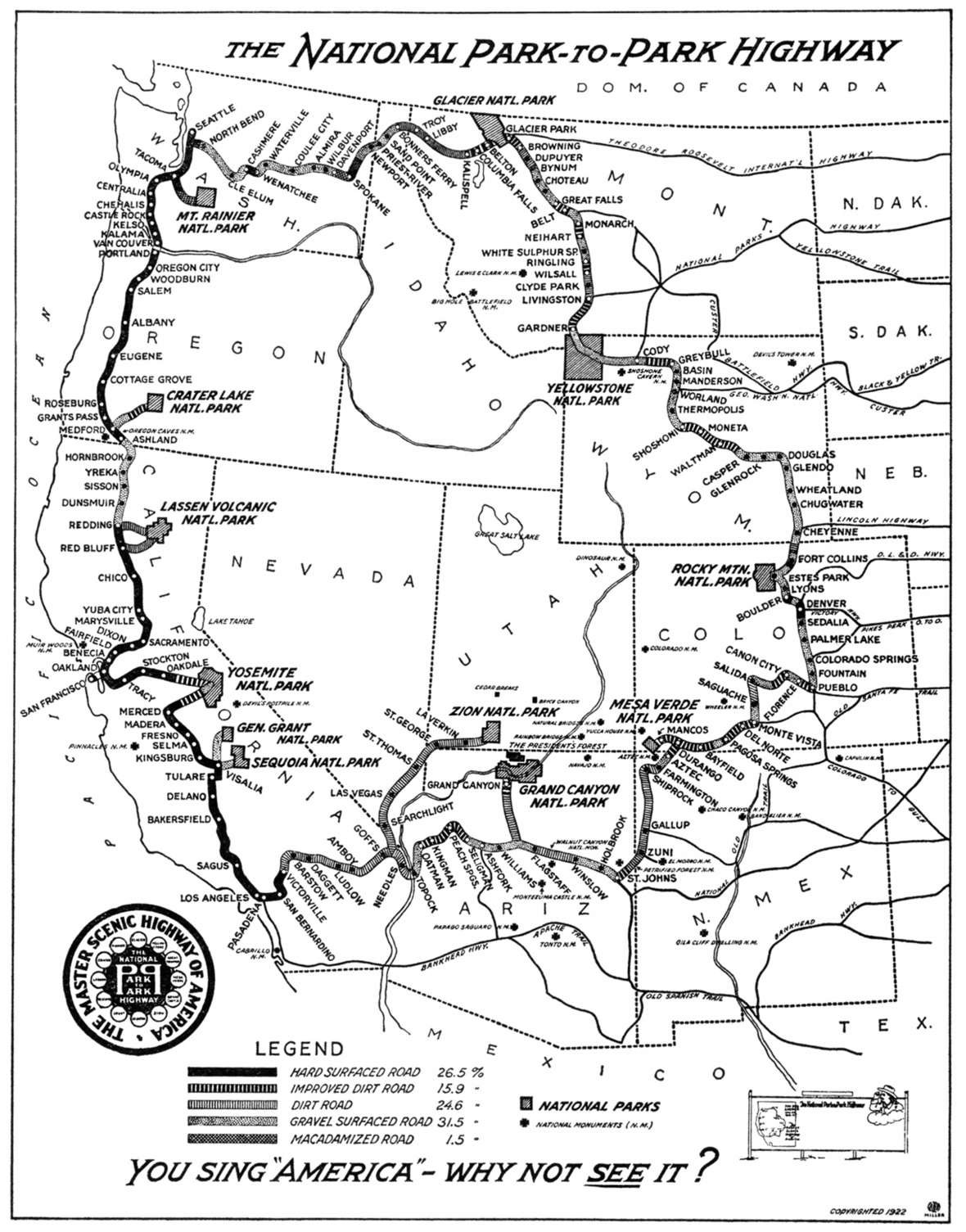 Departing Aug. 26, 1920, a party of twelve motorists formally inaugurated the National Park-to-Park Highway with a 76-day tour starting with the Denver-to-Yellowstone trek through Wyoming. This map was published in 1922. Amercianroads.us. Departing Aug. 26, 1920, a party of twelve motorists formally inaugurated the National Park-to-Park Highway with a 76-day tour starting with the Denver-to-Yellowstone trek through Wyoming. This map was published in 1922. Amercianroads.us.
