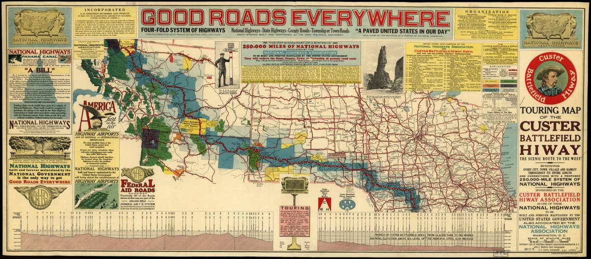 The Custer Battlefield Highway, designated in 1919, ran from Des Moines, Iowa, to Glacier National Park. The route traversed northeast Wyoming from Beulah to Parkman and passed through its namesake national cemetery in Montana. This map, published in 1925, aimed in part to press the federal government to pay for more roads. Library of Congress. Click to enlarge The Custer Battlefield Highway, designated in 1919, ran from Des Moines, Iowa, to Glacier National Park. The route traversed northeast Wyoming from Beulah to Parkman and passed through its namesake national cemetery in Montana. This map, published in 1925, aimed in part to press the federal government to pay for more roads. Library of Congress.