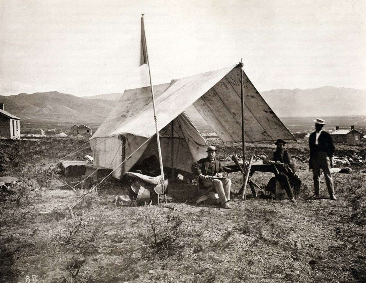 Geologist Clarence King, left, leader of the Survey of the 40th Parallel, in camp near Salt Lake City, 1868. In October 1872, King led some of his crew to the secret diamond fields to find out what was what.  Wikipedia.