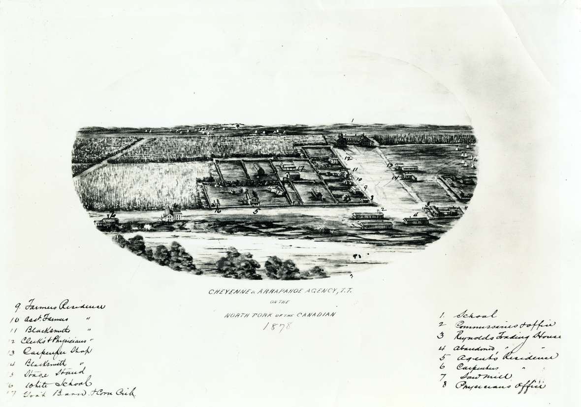 Fields and buildings at the Darlington Agency in Indian Territory, where the Northern Cheyenne arrived in late summer 1877. Western History Collections, U. of Oklahoma libraries. Click to enlarge.