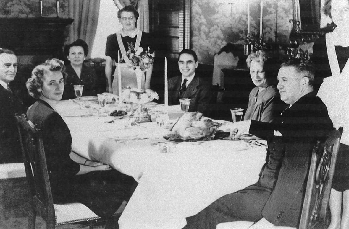 Thanksgiving dinner at the governor’s residence, date unknown, Cheyenne. L to r: U.S. Senator Joseph O’Mahoney; Elise Hunt; Nathelle Hunt; Johanna Scribner (residence cook); Lester “Buddy” Hunt, Jr.; Maude Higby (Nathelle’s mother) and Gov. Hunt. Courtesy Buddy Hunt.