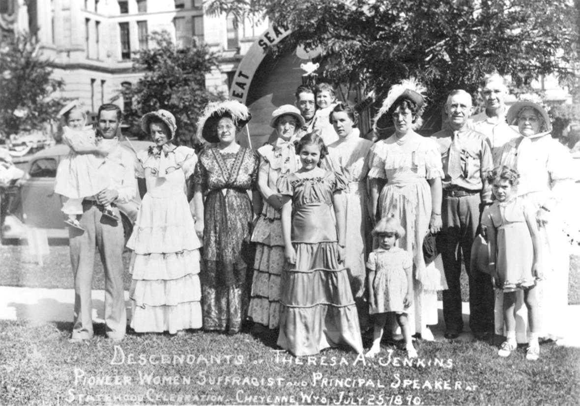 Descendants of Theresa Jenkins in front of the Wyoming Capitol on the 50th anniversary of her famous speech, July 1940. Jenkins’s descendants gave speeches honoring their ancestor and the state at statehood celebrations in 1940, 1965 and 1990, according to the family. Wyoming State Archives.
