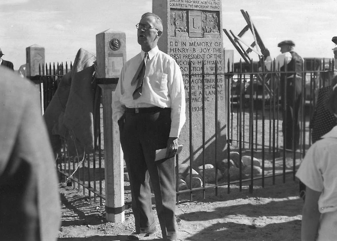Payson Spaulding, Evanston, Wyo., attorney and the Lincoln Highway Association’s only state consul ever named for Wyoming, dedicates a monument on U.S. 30 west of Creston to the visionary Henry Joy, 1938. The Joy monument was moved to the summit rest area on I-80 near the Lincoln monument in 2001. American Heritage Center.