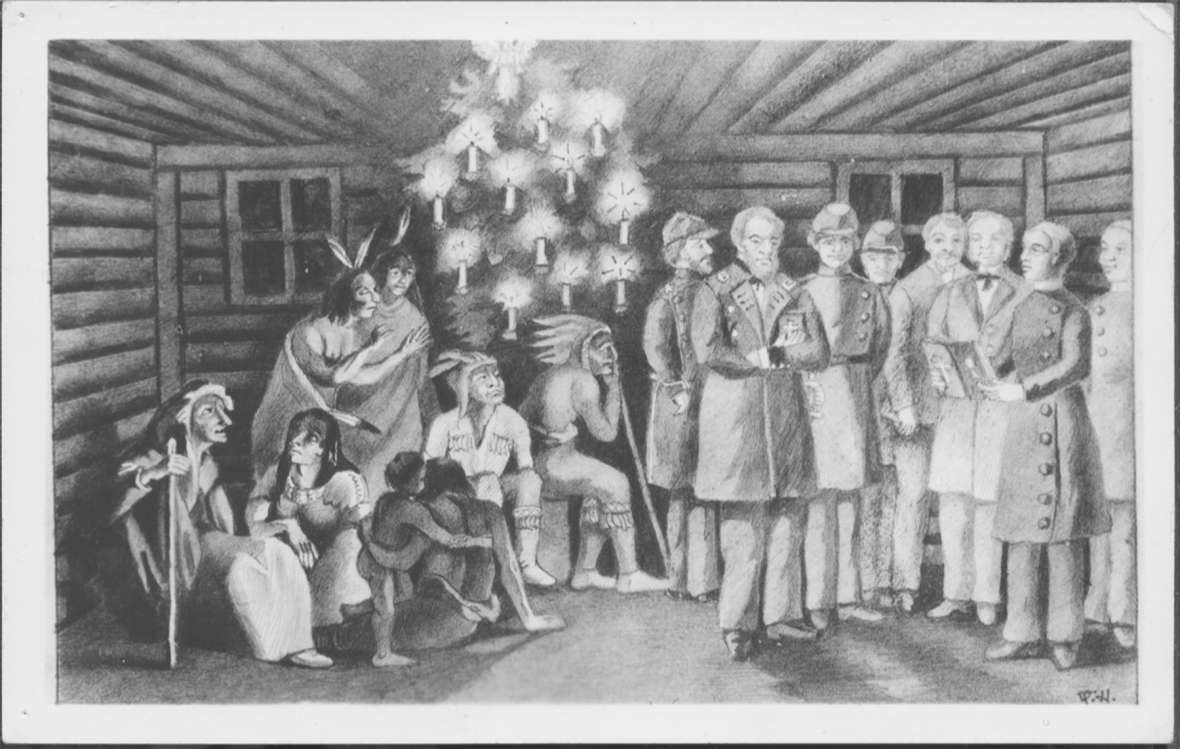 Missionary Moritz Braeuninger, second from right, reads the scriptures in the mission house on Deer Creek near present Glenrock, Wyo., Christmas 1859. Capt. William Raynolds, U.S. Topographical Engineers, stands with his arms crossed; his exploring expedition spent that winter nearby. Raynolds later described the missionaries as 