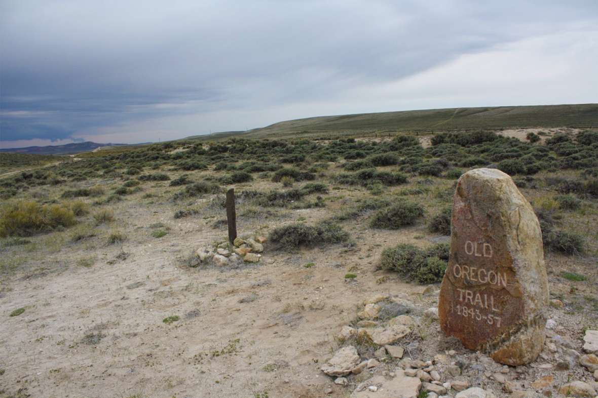 Ezra Meeker's marker remains today at the spot where the Oregon Trail, at left, crosses South Pass. Tom Rea photo. Ezra Meeker's marker remains today at the spot where the Oregon Trail, at left, crosses South Pass. Tom Rea photo.
