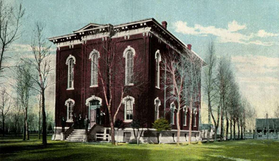 The Albany County courthouse, early in the 20th century. Joe Martin was dragged upstairs from the basement jail and out to the intersection of Sixth Street and Grand Avenue, probably the far corner of the lot from this viewpoint. There the mob hanged him from the streetlight pole, then shot him. The lynching occurred in front of Judge Carpenter’s house; the judge was in Casper at the time.  Laramie Plains Museum.