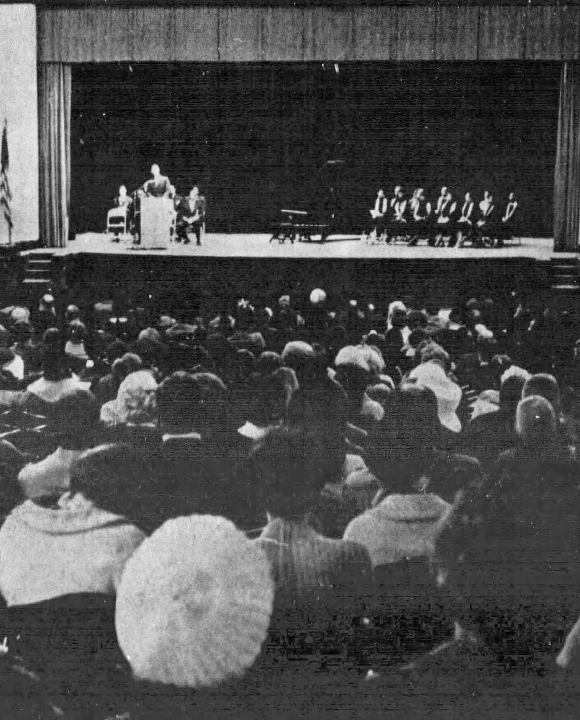 At a memorial for Martin Luther King, Jr. at Natrona County High School in Casper a few days after the killing,  750 people gathered to hear speeches from members of the Casper Interracial Council and singing from Barbara Banister and the Grace AME Church choir, right. Casper College Western History Center.