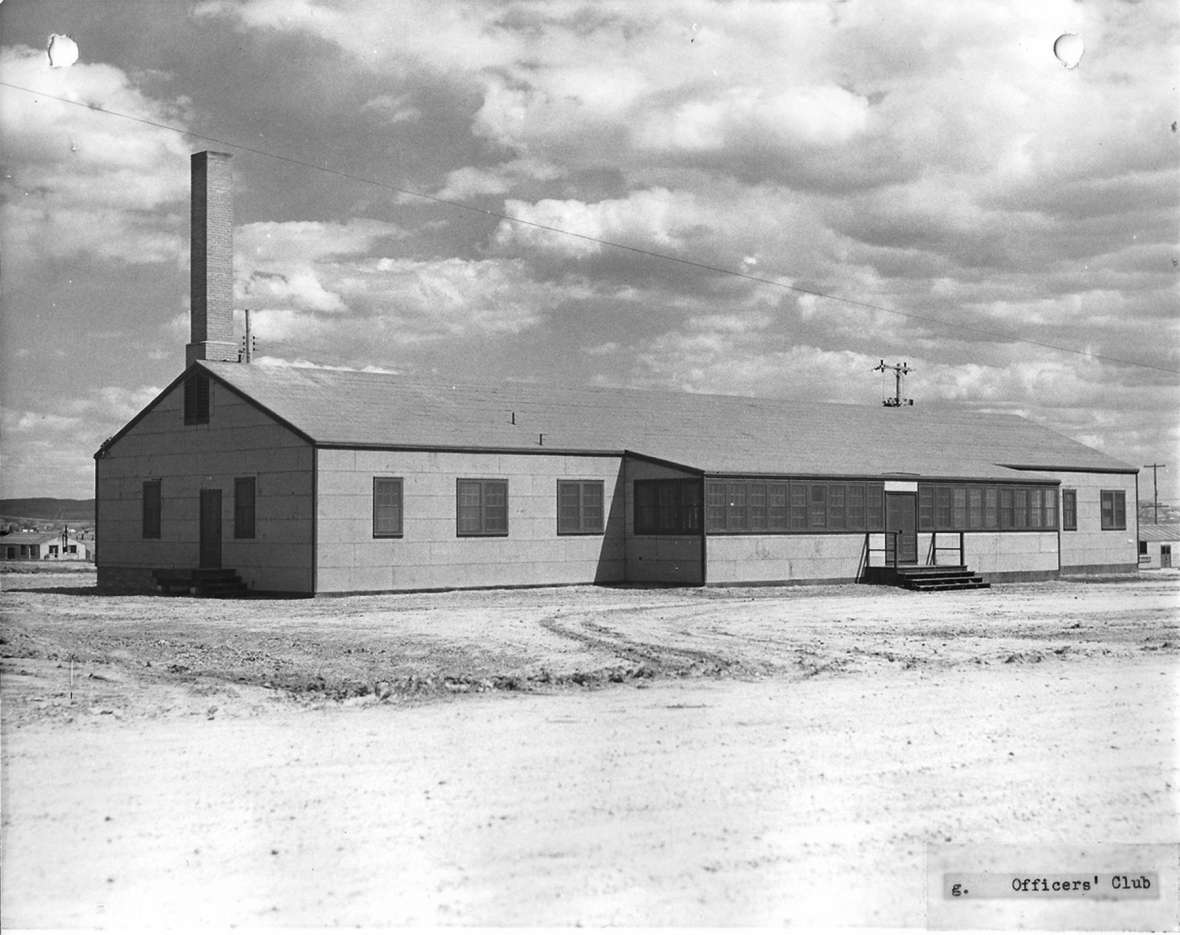 The murals by Enzo Tarquinio and his fellow artists were painted on walls inside the American officers’ club at Camp Douglas, shown here in the 1940s. Only this building, which served for decades as an Odd Fellows Hall and is now a state historic site, has survived from the camp. Wyoming Pioneer Memorial Museum.