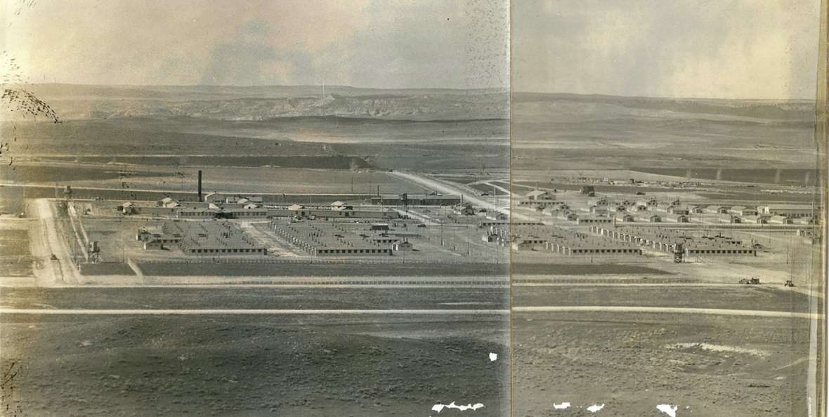 Camp Douglas from the air. It was built to house up to 3,000 prisoners—about half again as many people as lived in the town of Douglas at the time. Wyoming Pioneer Museum.
