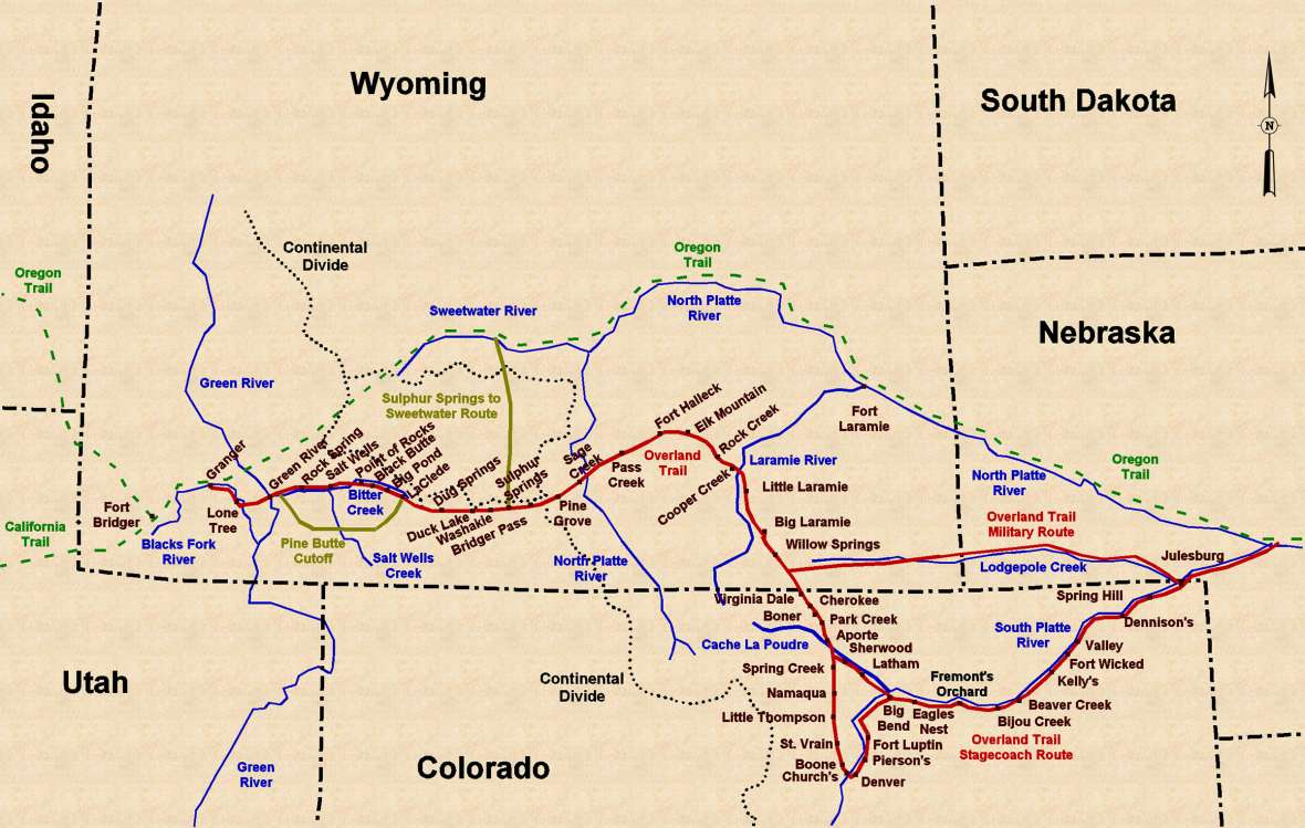 In 1850, Jim Bridger guided an expedition led by Capt. Howard Stansbury of the Corps of Topographical Engineers from Fort Bridger east past Elk Mountain, where they turned northeast to Fort Laramie. Later in the 1850s, the Army developed more of the route, which crossed what are now southern Wyoming and northeastern Colorado. Map by author. Click to enlarge