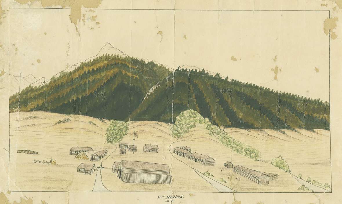Fort Halleck, shown here in a sketch by Bugler C. Moellman, was established near Elk Mountain in the fall of 1862 with elements of the 11th Ohio Cavalry stationed there to protect the Overland Trail. American Heritage Center. Fort Halleck, shown here in a sketch by Bugler C. Moellman, was established near Elk Mountain in the fall of 1862 with elements of the 11th Ohio Cavalry stationed there to protect the Overland Trail. American Heritage Center.