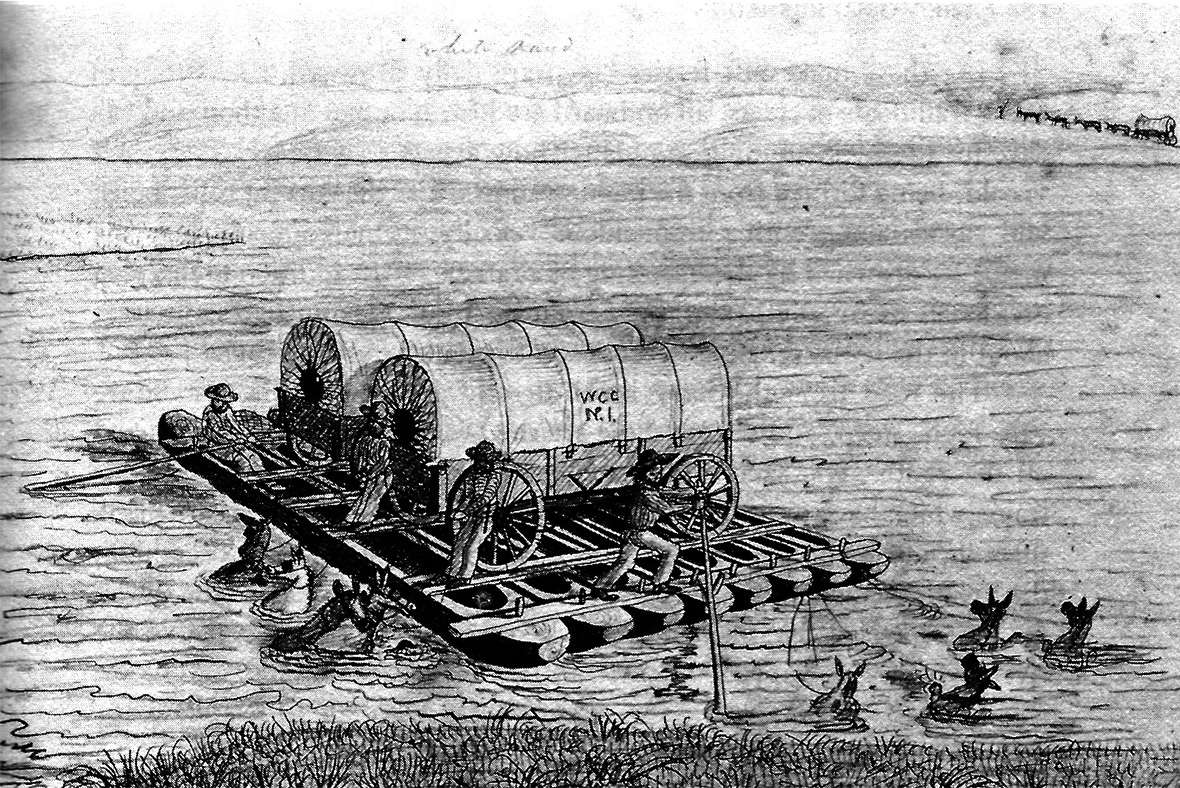 Ferry crossings were much safer--and more expensive--than trying to swim the livestock. California-bound J. Goldsborough Bruff's 1849 drawing of an eight-dugpout ferry at the Deer Creek crossing of the North Platte shows mules tied to the boat. Courtesy Randy Brown.