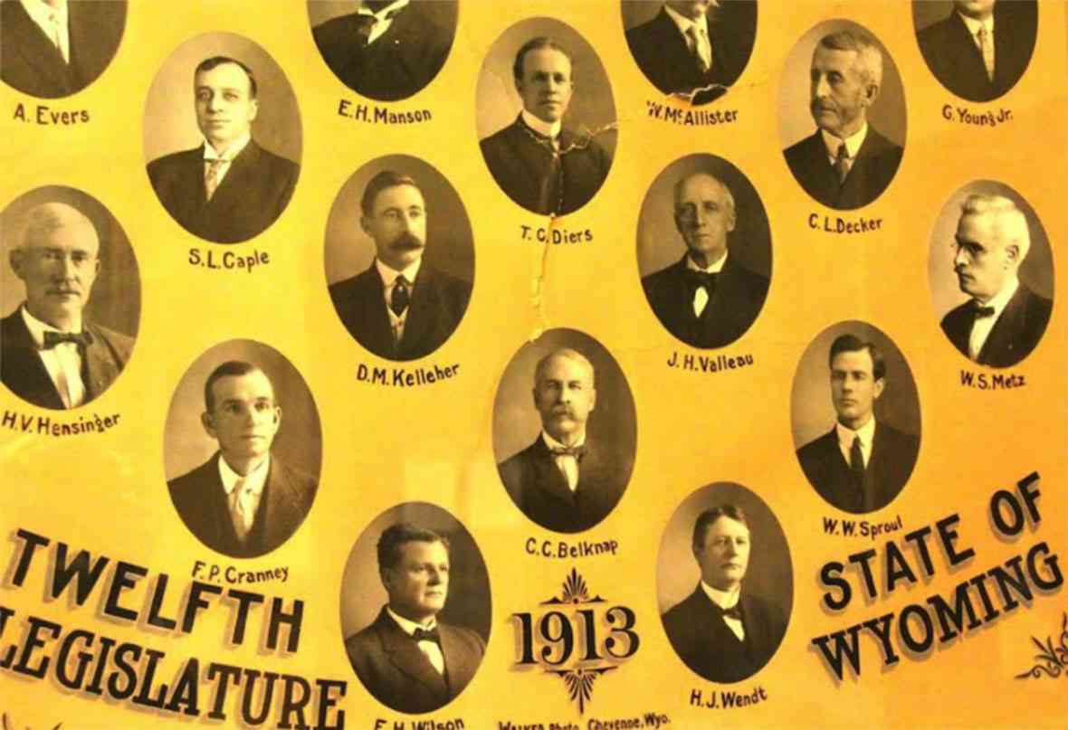 The composite image of 1913 Wyoming Democratic representatives, supposedly damaged in a fracas on the House floor. Portraits of the Republican representatives were placed in a different frame that year because of the partisan animosity. Gregory Nickerson photo. The composite image of 1913 Wyoming Democratic representatives, supposedly damaged in a fracas on the House floor. Portraits of the Republican representatives were placed in a different frame that year because of the partisan animosity. Gregory Nickerson photo.