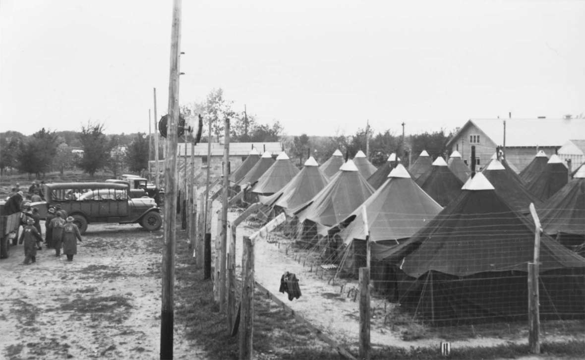 Both prisoners and U.S. military personnel lived in tents at Camp Wheatland. This photo is from June 1945. Laramie Peak Museum. Both prisoners and U.S. military personnel lived in tents at Camp Wheatland. This photo is from June 1945. Laramie Peak Museum.