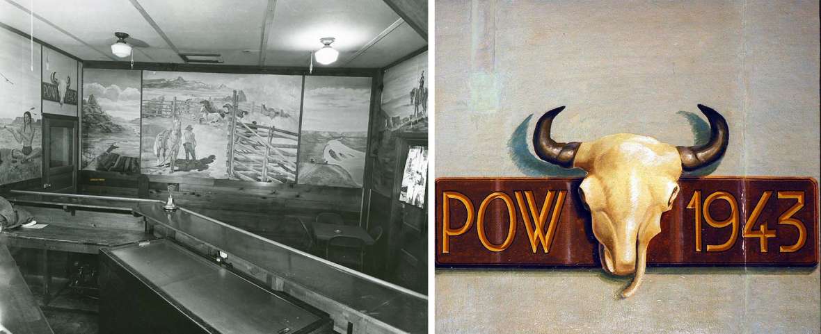 Italian POWs painted a series of murals in the U.S.Army officers’ club at Camp Douglas. The black and white photo from 1944 shows the club’s bar as well; right, a detail. Wyoming Pioneer Memorial Museum. Italian POWs painted a series of murals in the U.S.Army officers’ club at Camp Douglas. The black and white photo from 1944 shows the club’s bar as well; right, a detail. Wyoming Pioneer Memorial Museum.