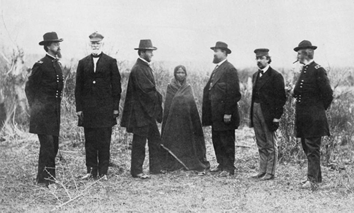 Sophia Mousseau, center, daughter of a French-speaking trader and an Oglala woman, was a girl when she interpreted for the peace commissioners at the Fort Laramie Treaty of 1868. By 1876 she was the common-lawdata-caption= Sophia Mousseau, center, daughter of a French-speaking trader and an Oglala woman, was a girl when she interpreted for the peace commissioners at the Fort Laramie Treaty of 1868. By 1876 she was the common-law wife of Posey Ryan; together they had five children before he left her for Mary Ellen Clouser. Smithsonian Institute.