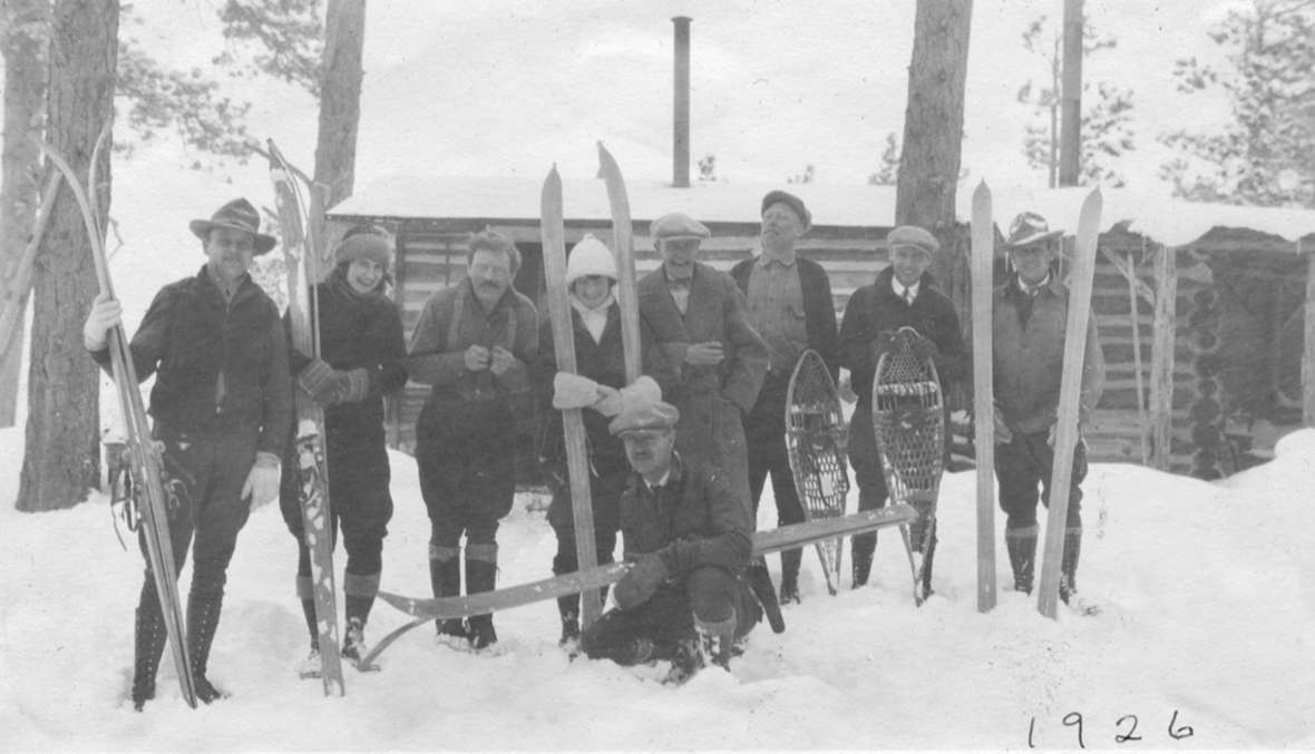 The first generation of Casper Mountain skiers, 1926. Nils Fougstedt, third from left; Cy Bon, far right. Courtesy of Bill Bon collection.