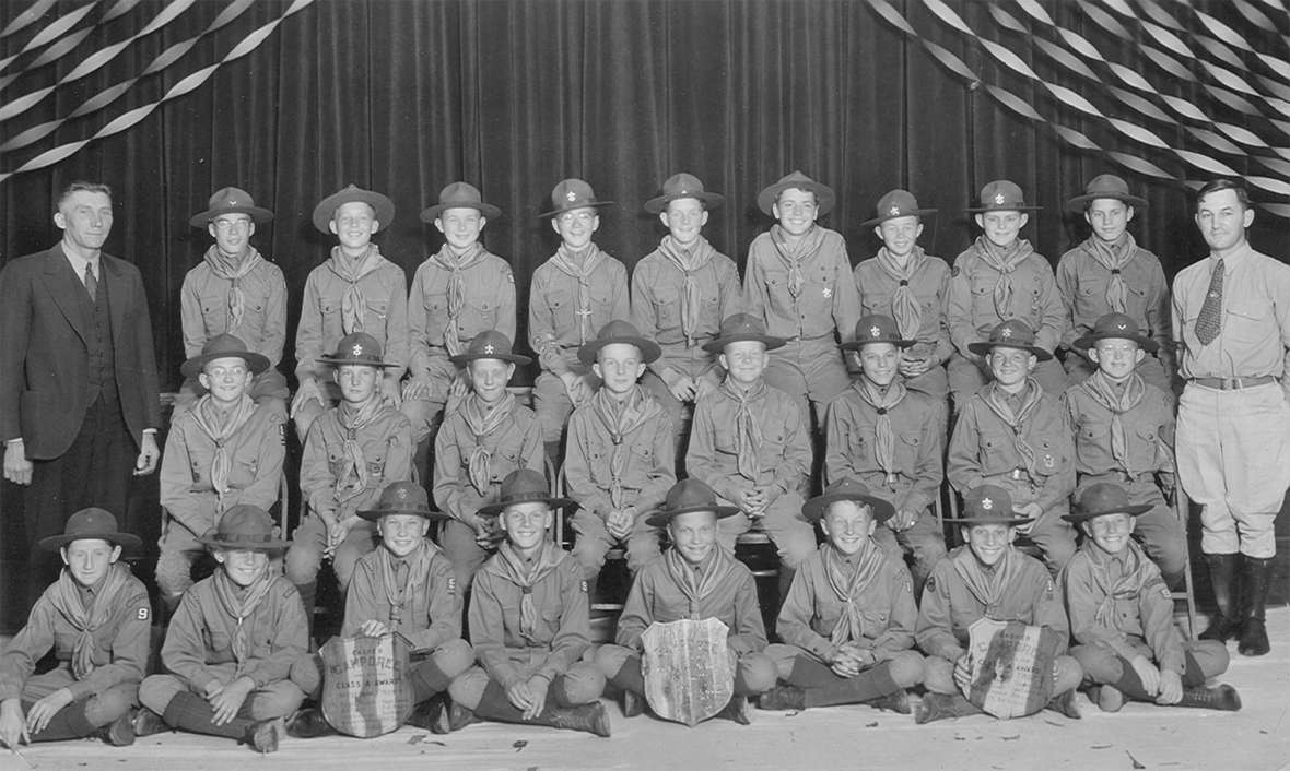 Boy Scout Troop Nine leaders Ted French, left rear, and Bill Haines, right rear, trained many of the early skiers. Shown here about 1930. Courtesy of Weaver/Hunt collection. Boy Scout Troop Nine leaders Ted French, left rear, and Bill Haines, right rear, trained many of the early skiers. Shown here about 1930. Courtesy of Weaver/Hunt collection.