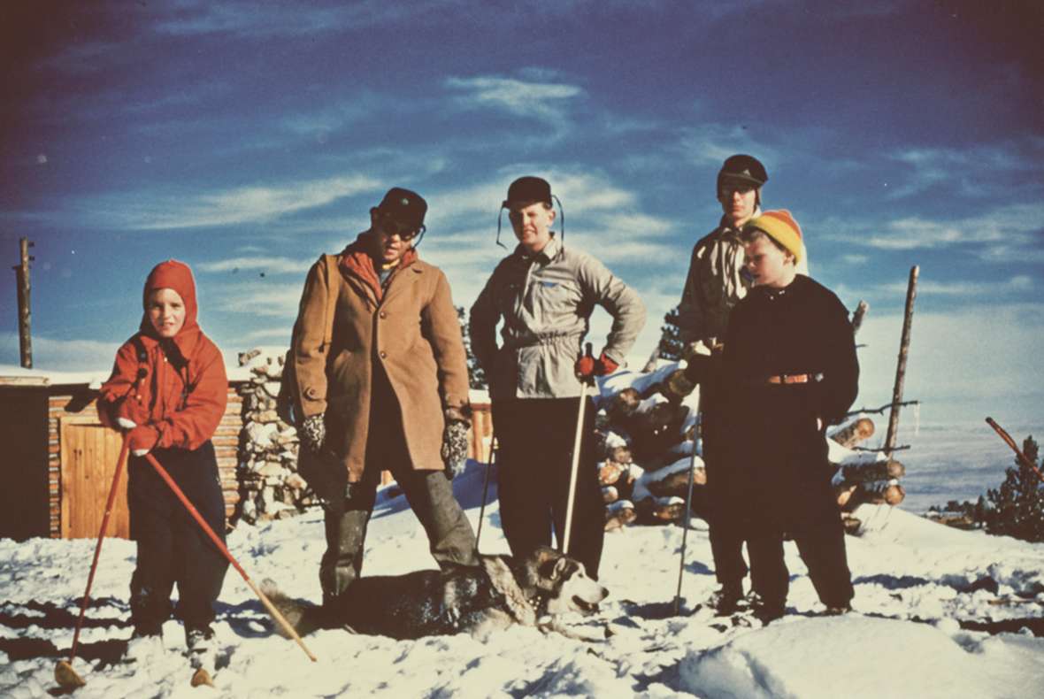 Young skiers at Warren Weaver’s cabin, 1950-51 season. Left to right: Fred Walters, Chuck Morrison, Jerry Cody, unknown, Bruce Cody. Courtesy of Fred Walters.