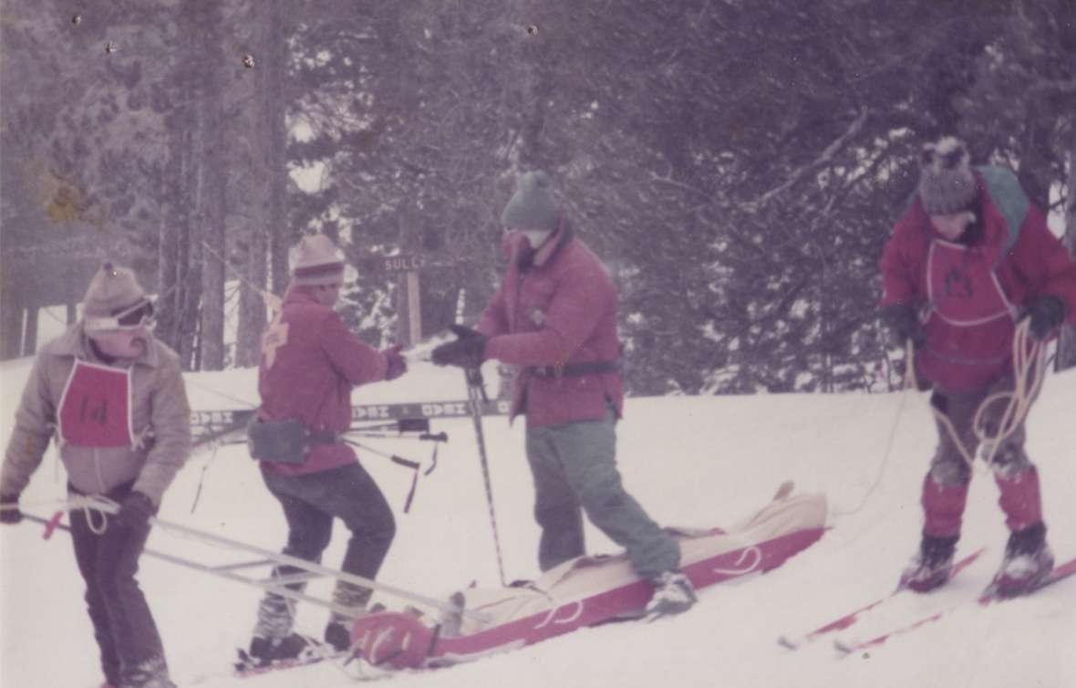 Ski patrol toboggan training, 1960s. Courtesy of Gay Nations. Ski patrol toboggan training, 1960s. Courtesy of Gay Nations.