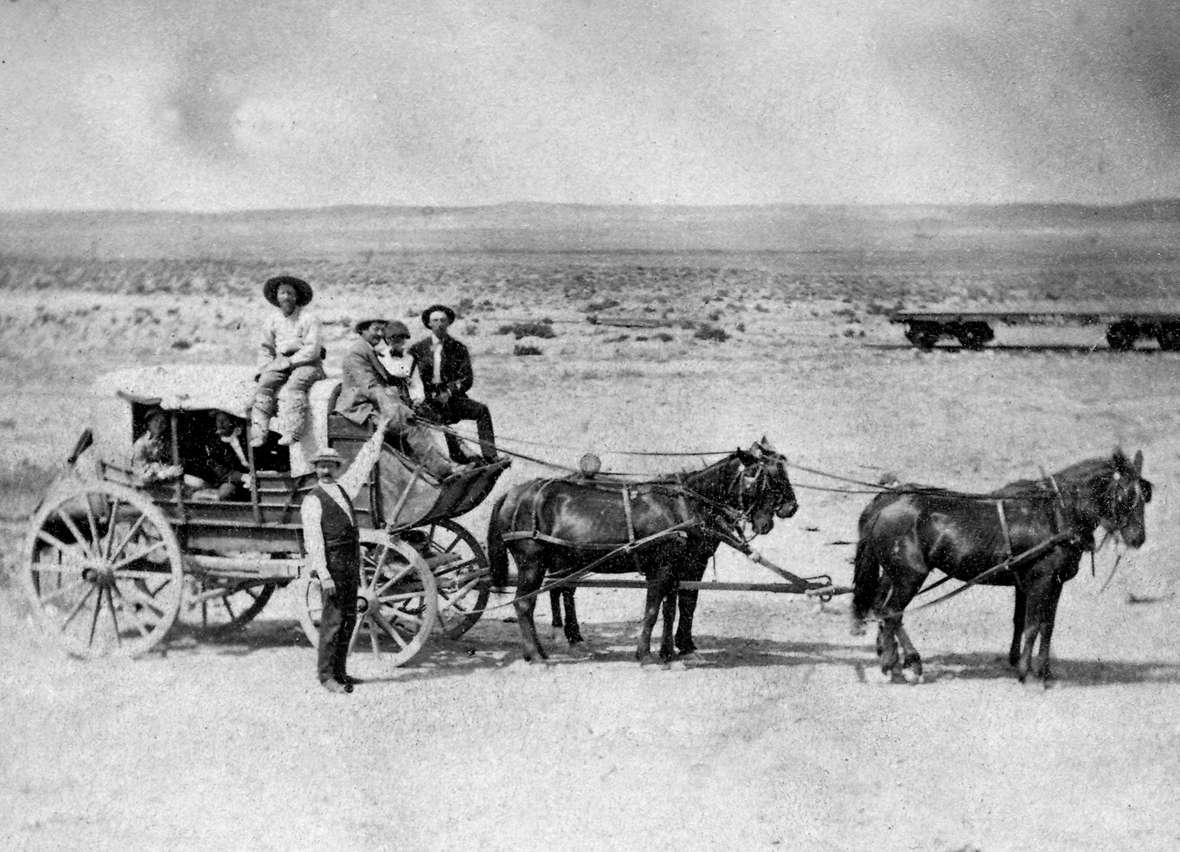 Union Pacific Railroad photographer John Silvis presents the Bryan stage to the camera, 1872. This coach ran from the railroad at the town of Bryan over South Pass to Lander and Fort Washakie. Sweetwater County Historical Museum.