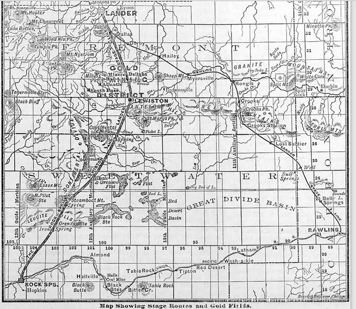 Stage lines from the Union Pacific Railroad to Lander, Wyoming, ca. 1895. Routes from Bryan, Green River and, shown on this map, Rock Springs through the gold districts at South Pass saw less and less use over the years as the mines played out. The route from Rawlins, on the southeast, steadily gained traffic until a new railroad to Lander was completed in 1906. The Rawlins route ran through Bell Springs, Bull Springs and Lost Soldier, then through the Green Mountains at Crook’s Gap to the Sweetwater River at Rongis. The road left the Sweetwater after Meyersville and dropped down over Beaver Rim to Hailey and Dallas, on to Lander and finally, Fort Washakie. Author’s collection. Click to enlarge. 