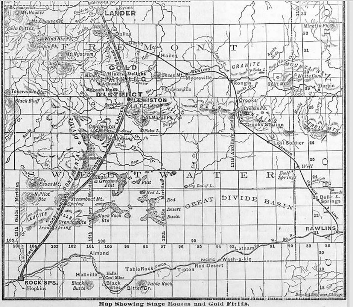 Stage lines from the Union Pacific Railroad to Lander, Wyoming, ca. 1895. Routes from Bryan, Green River and, shown on this map, Rock Springs through the gold districts at South Pass saw less and less use over the years as the mines played out. The route from Rawlins, on the southeast, steadily gained traffic until a new railroad to Lander was completed in 1906. The Rawlins route ran through Bell Springs, Bull Springs and Lost Soldier, then through the Green Mountains at Crook’s Gap to the Sweetwater River at Rongis. The road left the Sweetwater after Meyersville and dropped down over Beaver Rim to Hailey and Dallas, on to Lander and finally, Fort Washakie. Author’s collection. Click to enlarge. Stage lines from the Union Pacific Railroad to Lander, Wyoming, ca. 1895. Routes from Bryan, Green River and, shown on this map, Rock Springs through the gold districts at South Pass saw less and less use over the years as the mines played out. The route from Rawlins, on the southeast, steadily gained traffic until a new railroad to Lander was completed in 1906. The Rawlins route ran through Bell Springs, Bull Springs and Lost Soldier, then through the Green Mountains at Crook’s Gap to the Sweetwater River at Rongis. The road left the Sweetwater after Meyersville and dropped down over Beaver Rim to Hailey and Dallas, on to Lander and finally, Fort Washakie. Author’s collection. Click to enlarge.