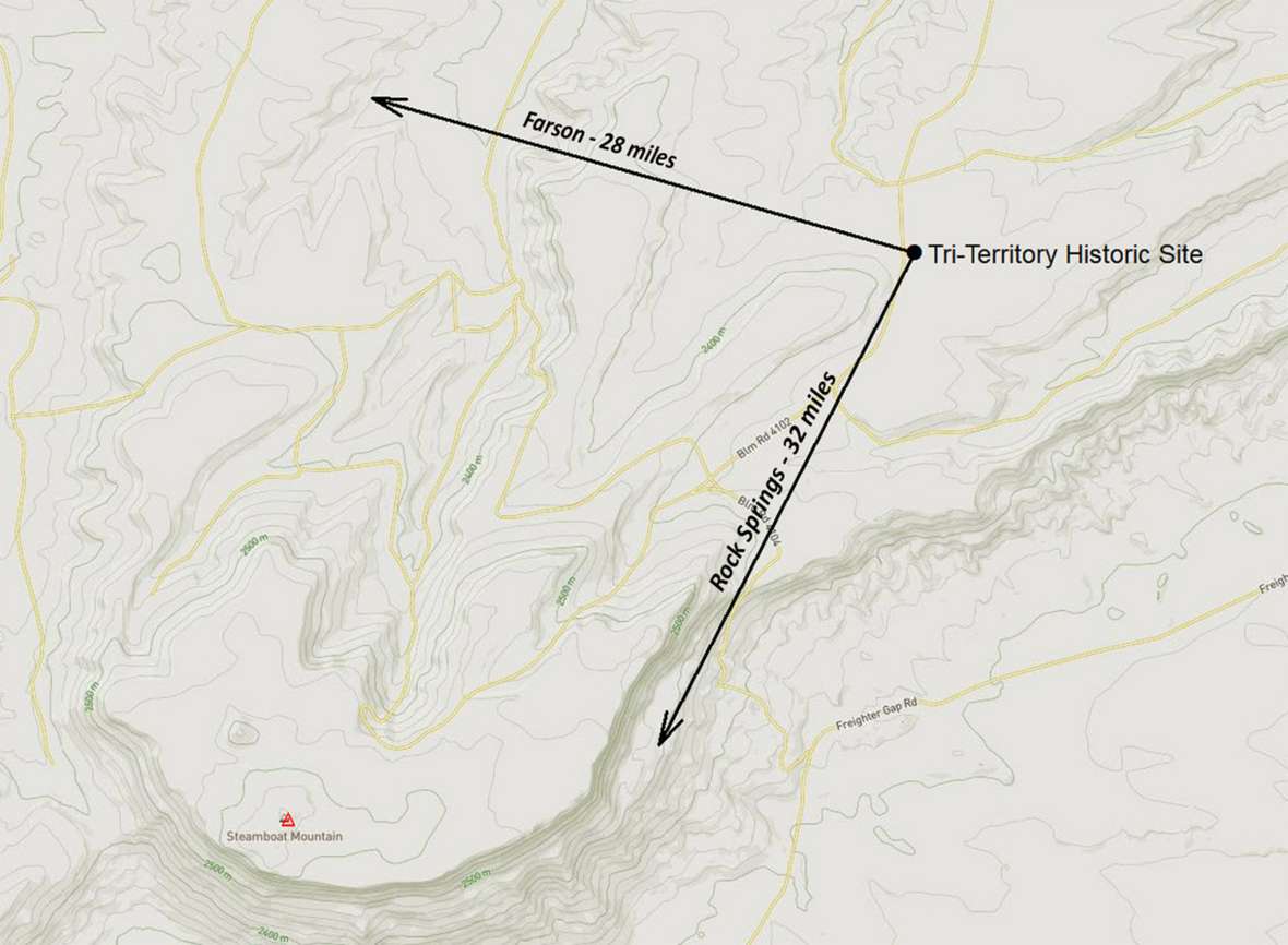 A closeup map of the terrain immediately around the Tri-Territory Historic Site, northeast of Steamboat Mountain in Sweetwater County, Wyo. Distances to Farson and Rock Springs are in direct-line miles. Map by author.