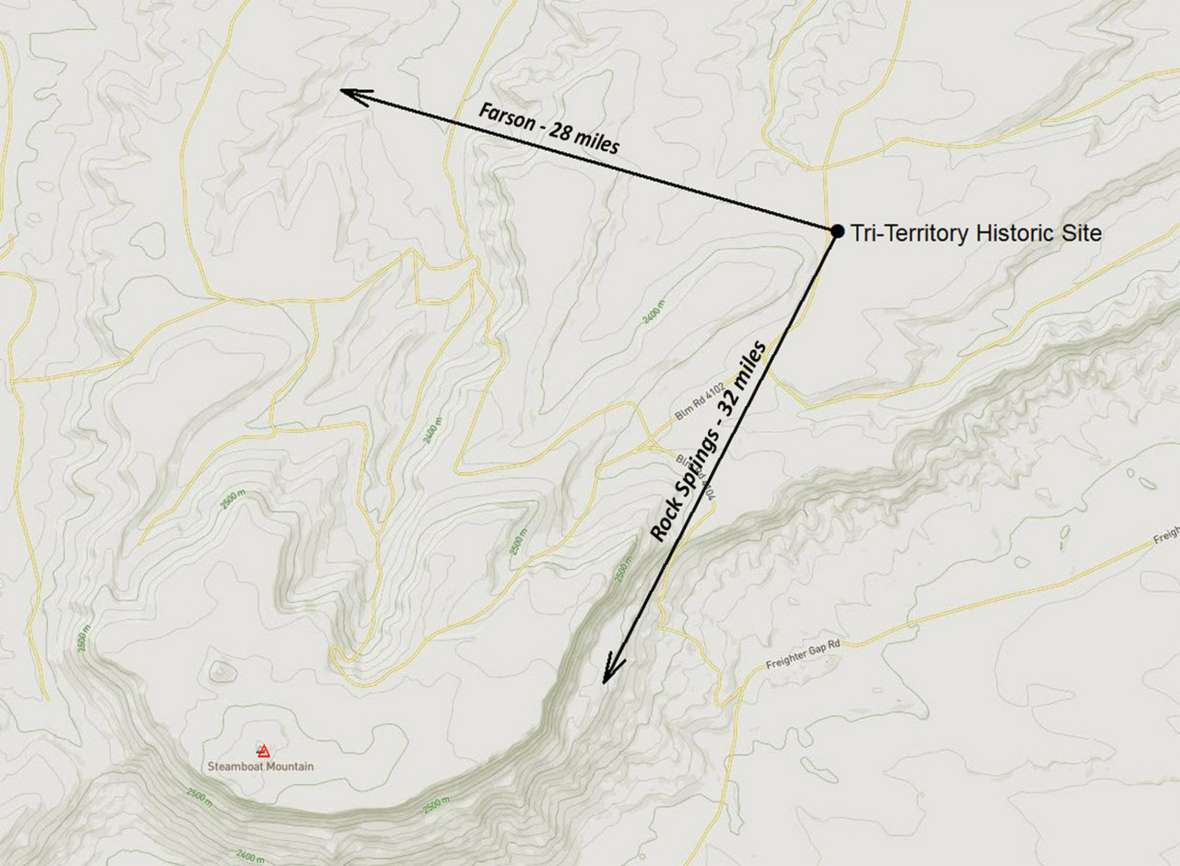 A closeup map of the terrain immediately around the Tri-Territory Historic Site, northeast of Steamboat Mountain in Sweetwater County, Wyo. Distances to Farson and Rock Springs are in direct-line miles. Map by author. A closeup map of the terrain immediately around the Tri-Territory Historic Site, northeast of Steamboat Mountain in Sweetwater County, Wyo. Distances to Farson and Rock Springs are in direct-line miles. Map by author.