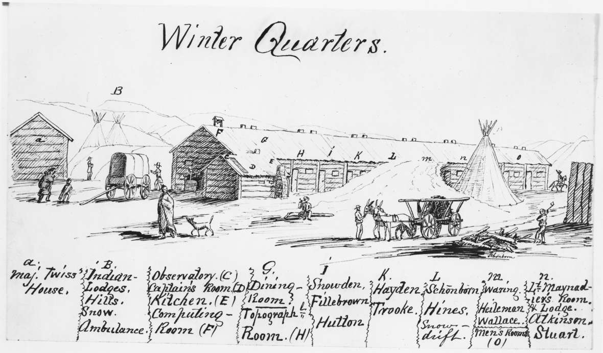 By the fall of 1859, the Deer Creek community was thriving. A  small colony of Lutheran missionaries  took up temporary quarters in one of the buildings and soon, a government survey expedition led by Captain William F. Raynolds moved in to spend the winter. This sketch show’s Twiss’s house at far left, and labels the quarters of government geologist Ferdinand Hayden and Lt. Henry Maynardier. American Heritage Center.