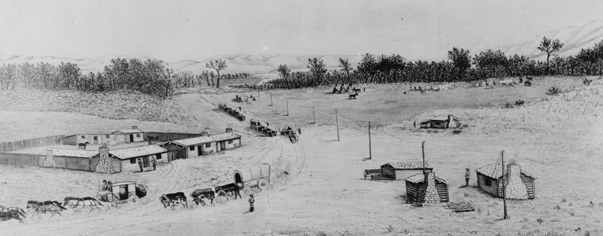 Another view of how the Deer Creek station may have looked in the 1860s, made perhaps two decades later by Merritt Dana Houghton, from an earlier drawing. East and westbound traffic on the Oregon Trail was more or less constant by the sixties, and the Army was garrisoned there to protect the telegraph lines. American Heritage Center.