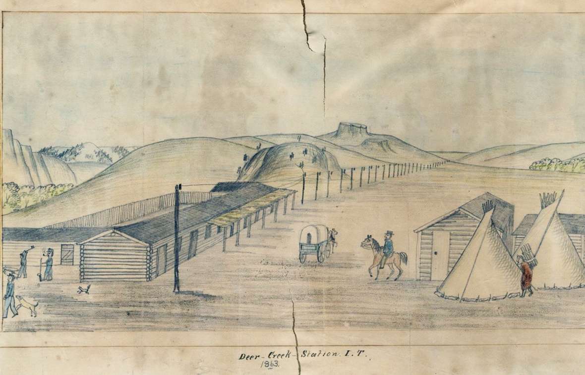 Daily activity at Deer Creek station, 1863, in a sketch by Bugler Moellman of the Ohio Volunteer Cavalry. By this time Twiss was no longer Indian agent, but remained with his Oglala Lakota family on his ranch nearby. American Heritage Center. Daily activity at Deer Creek station, 1863, in a sketch by Bugler Moellman of the Ohio Volunteer Cavalry. By this time Twiss was no longer Indian agent, but remained with his Oglala Lakota family on his ranch nearby. American Heritage Center.