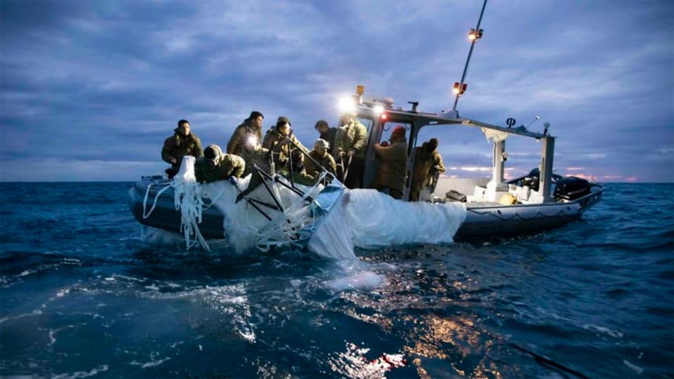 Sailors recover a high-altitude surveillance balloon off the coast of Myrtle Beach, S.C., Feb. 5, 2023. U.S. Navy photo.