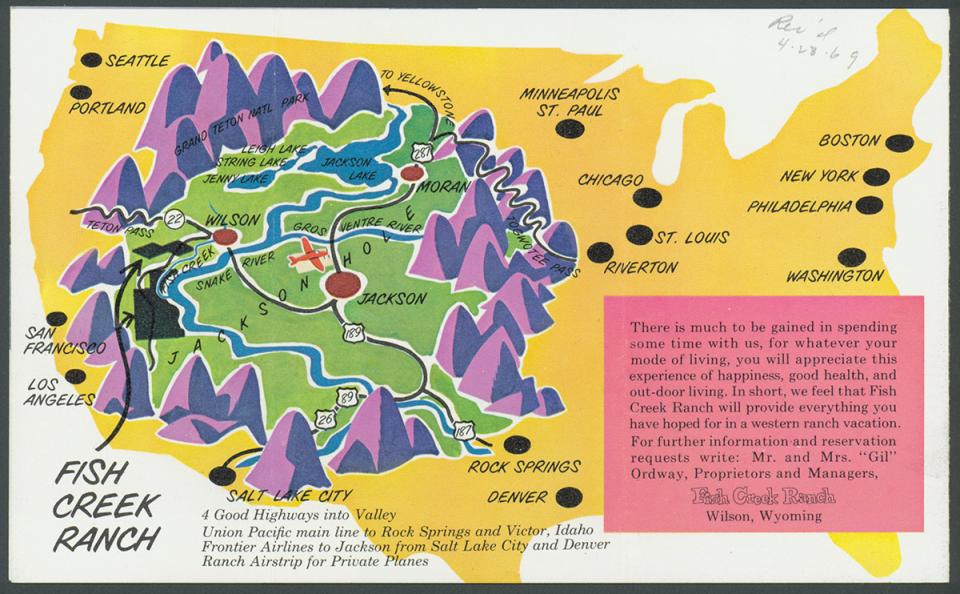 The Fish Creek Ranch south of Wilson, Wyo., published a brochure in the 1960s with a map on the back showing Jackson Hole as big as the West, and locating cities from which dudes might want to escape. American Heritage Center. (Click on map to enlarge)