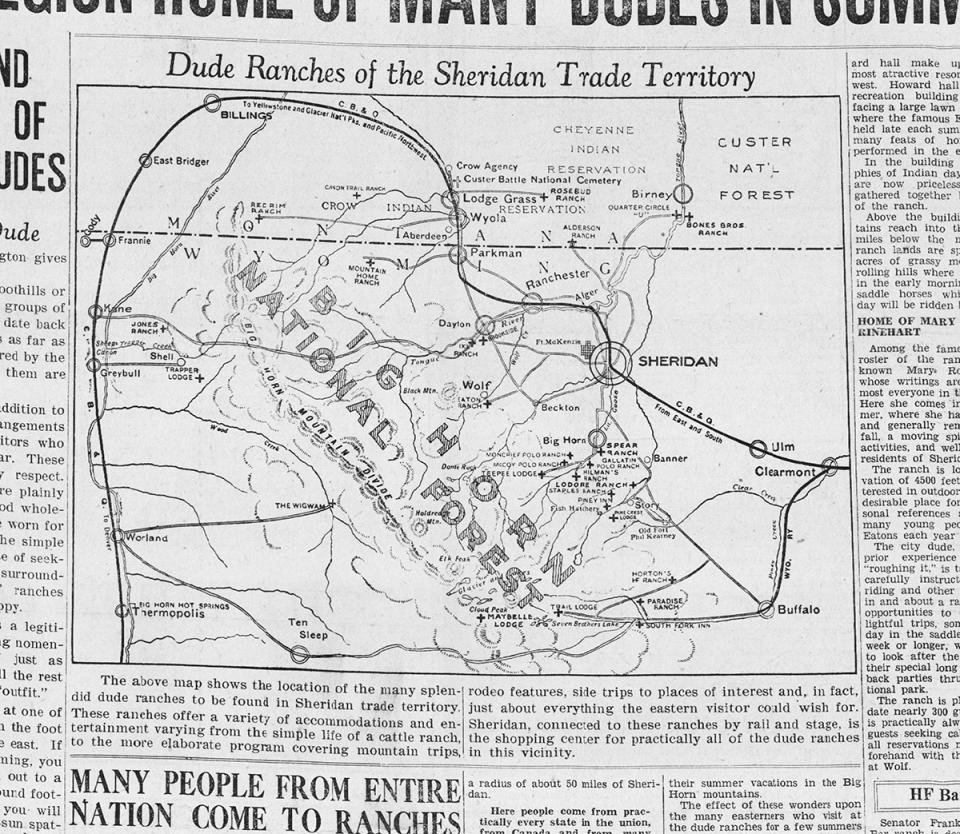 Dude ranching peaked in Wyoming and the West in the late 1920s. This map of ranches in northern Wyoming and southern Montana ran in the Sheridan Journal in August 1927, and locates the line of the Burlington Railroad and other routes dudes would need to travel. Wyoming Room, Sheridan County Library. (Click image to enlarge)