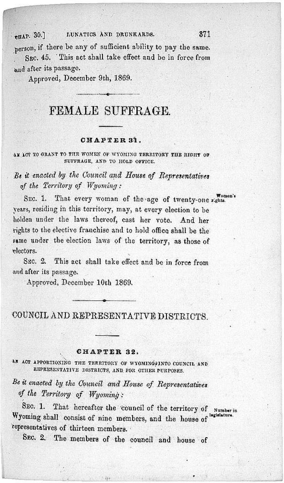 The Wyoming Territorial Legislature gave women the right to vote late in 1869, and Gov. John Campbell signed it into law Dec. 10. Library of Congress.
