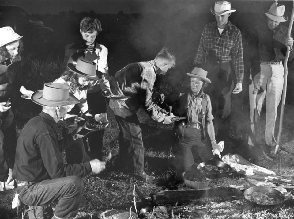 Fred and Eva Topping serve supper to six dudes at the Moose Head Ranch, 1950s. Jackson Hole Historical Society and Museum.