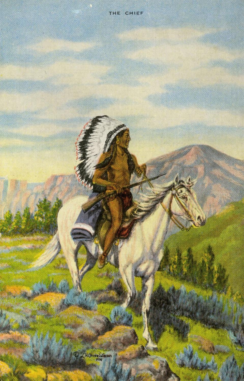 The 1938 image of the chief, above, is noble and nostalgic.