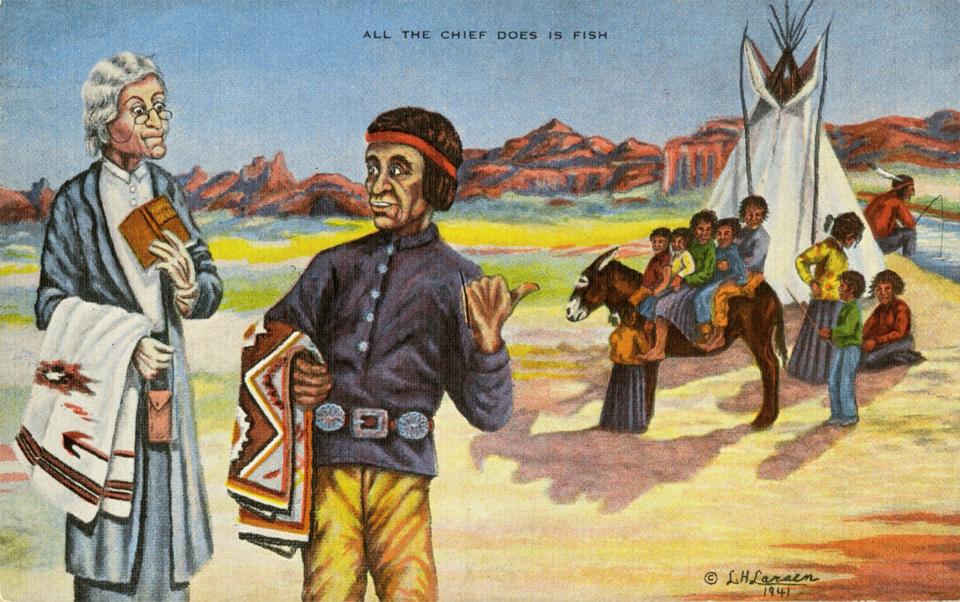 Postcards from the mid-20th century often portrayed Native Americans in idealized or malicious ways. The lower image, from 1941, is condescending.