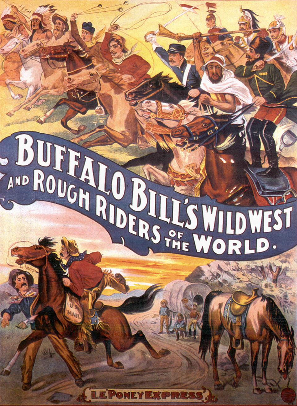 The Wild West show thrilled audiences throughout America and Europe for more than thirty years with its exhilarating Pony Express segment. This poster, promoting a show in Paris, features “Le Poney Express.”  Smithsonian National Postal Museum.