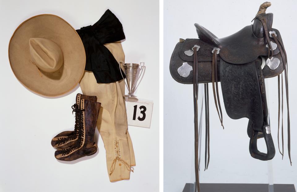 Bonnie Gray’s broad-brimmed Stetson, lace-up boots, sash, jodhpurs. Saddle made by Fred Mueller of Denver and won by Floyd Stillings at Cheyenne Frontier Days, 1929
