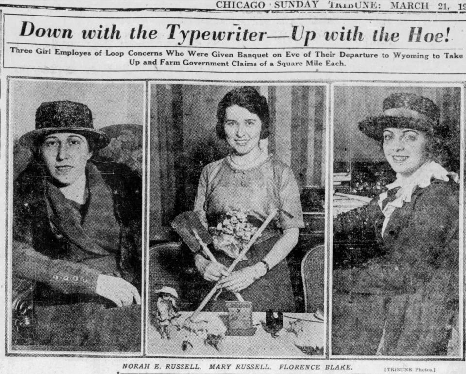 In the spring of 1920, youung Florence Blake, right, and the two Russell sisters made the society pages of the Chicago Tribune before leaving for for Wyoming to take up homestead claims. Newspapers.com.
