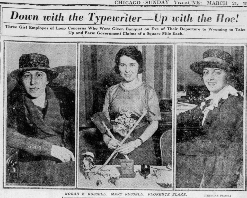 In the spring of 1920, youung Florence Blake, right, and the two Russell sisters made the society pages of the Chicago Tribune before leaving for for Wyoming to take up homestead claims. Newspapers.com.