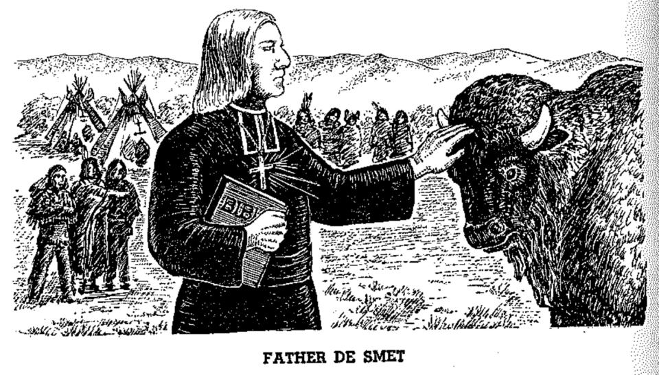 Father De Smet lays his hand on the head of a bison bull, from the 1958 grade school textbook, Wyoming’s People. Supposedly, the bull was dazzled by the glittering cross. Father De Smet lays his hand on the head of a bison bull, from the 1958 grade school textbook, Wyoming’s People. Supposedly, the bull was dazzled by the glittering cross.