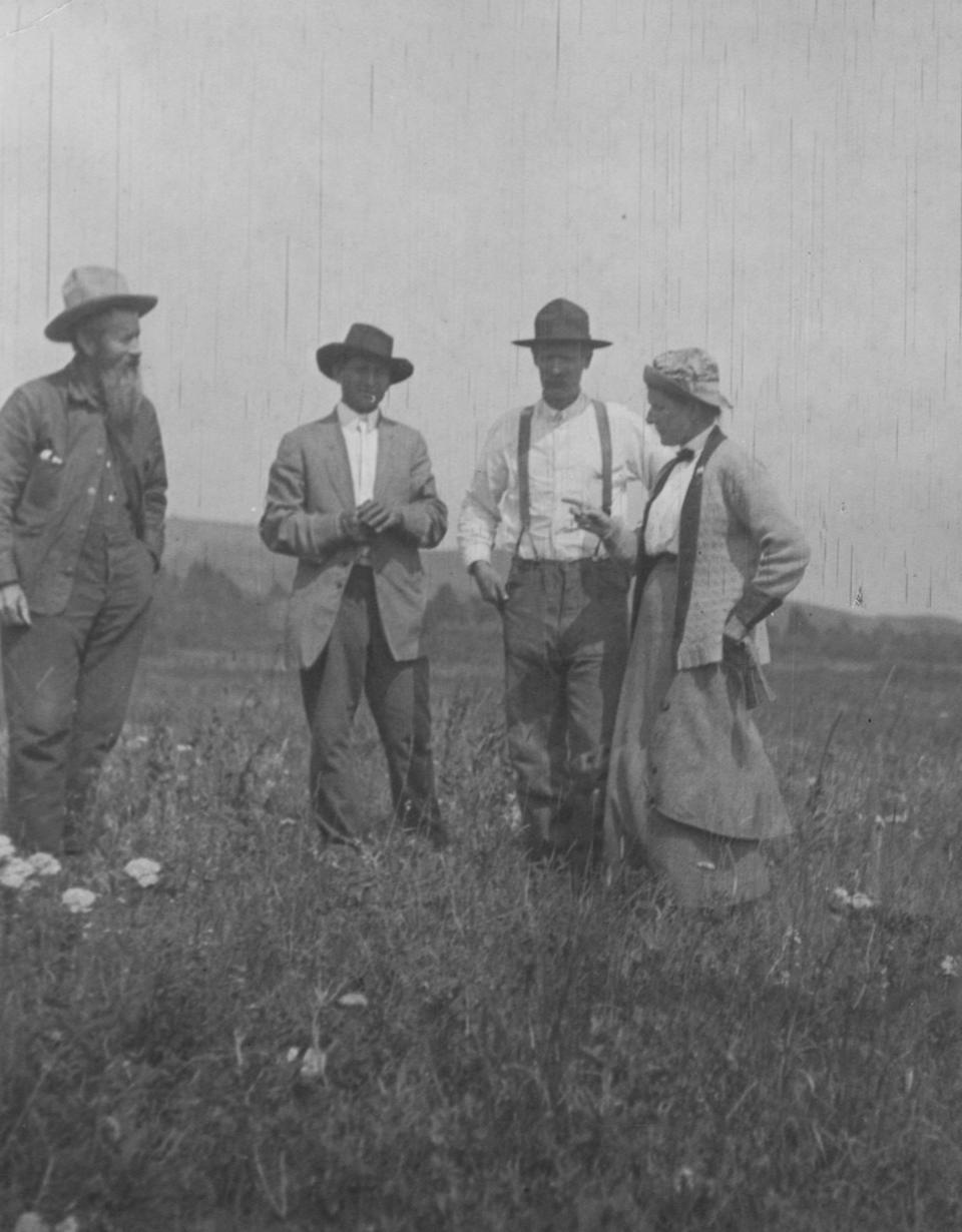 Grace Hebard, right, and local landowners and history buffs on her first visit to the site of the Wagon Box Fight in 1915. By now there was conflict between backers of a site in Sheridan County and one in Johnson County; still others supported a spot on the county line. American Heritage Center. 