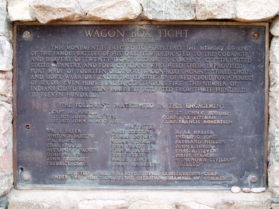 Estimates of the number of Native fighters killed by the defenders with their new breech-loading Springfields varied wildly; the plaque on the 1936 monument puts the figure at 3,000. Capt. James Powell, who was in command that day, estimated in his later report that the white men had killed 60 warriors. Vasily Vlasov, Panoramio. 