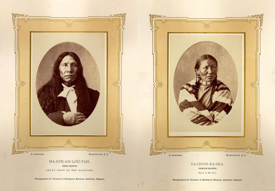 Gardner was a skilled portraitist as well. In 1872, William Blackmore commissioned him  to photograph a number of Native people who visited Washington, D.C.. Red Cloud of the Oglala Lakotas, the famed war leader, above, and White Hawk, wife of the Minicoujou Lakota leader Big Foot, below, were among his subjects. Blackmore Collection, British Museum.