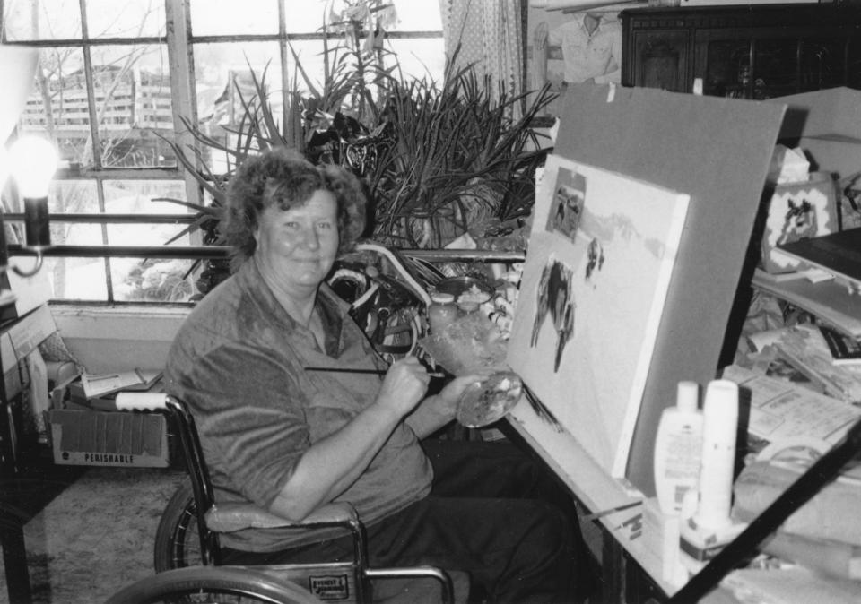 Dixie Reece at her easel, undated (after 1970), Campbell County Rockpile Museum